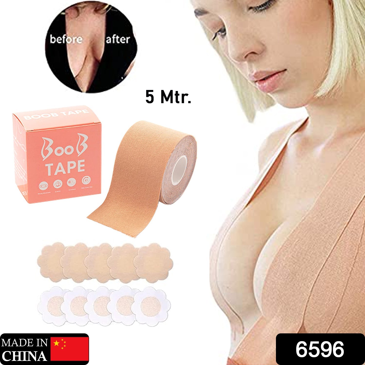 6596 Boob Tape with 10 Pairs Nipple Cover Cotton Wide Thin Breast Tape - Women's & Girl's Breast Lift Booby Tape - Push Up & Lifting Tape - Suitable for All Breast Types - Breast Lift Bra Tape - Bob Tape for Natural Breast Lift (1 Pc 5 Meters) 6596 Boob Tape with 10 Pairs Nipple Cover Cotton Wide Thin Breast Tape - Women's & Girl's Breast Lift Booby Tape - Push Up & Lifting Tape - Suitable for All Breast Types - Breast Lift Bra Tape - Bob Tape for Natural Breast Lift (1 Pc 5 Meters)